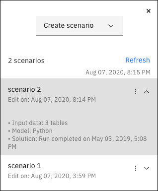 Scenario pane showing 2 scenarios with scenario 2 information expanded.