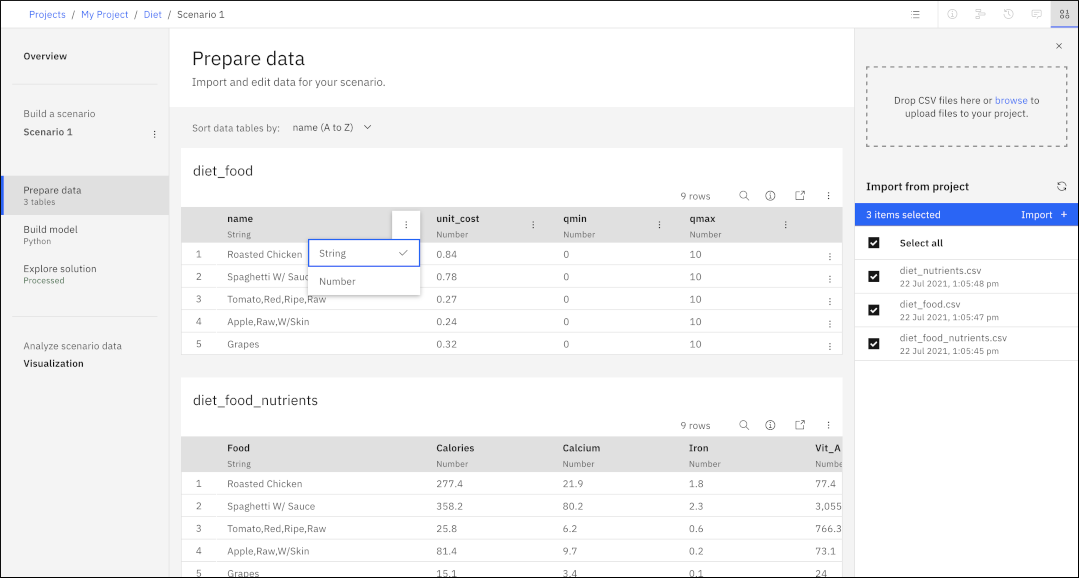 Tables of input data in Prepare data view