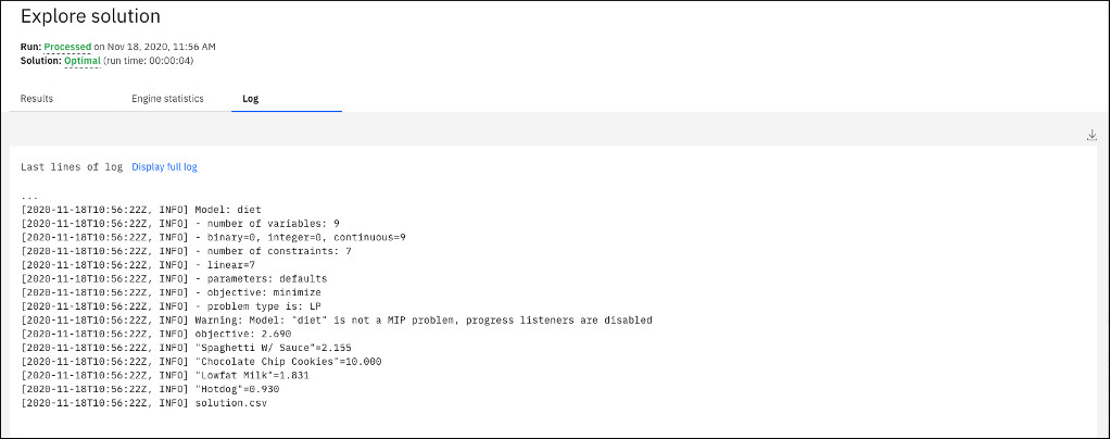 Engine log tab showing log for diet model