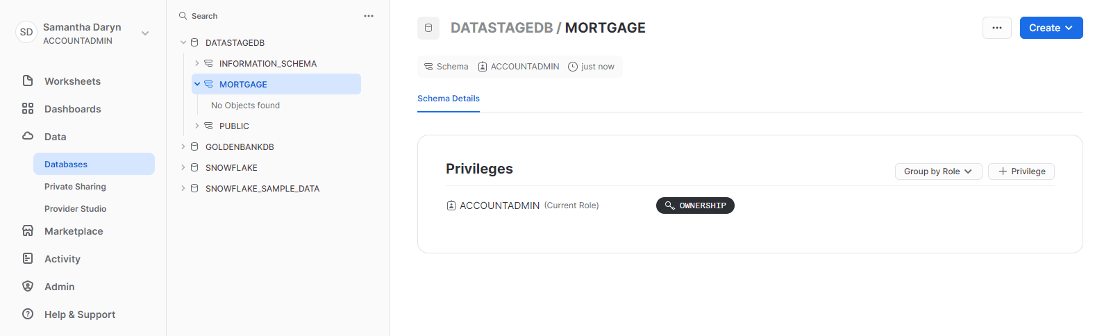 DATASTAGEDB database in Snowflake