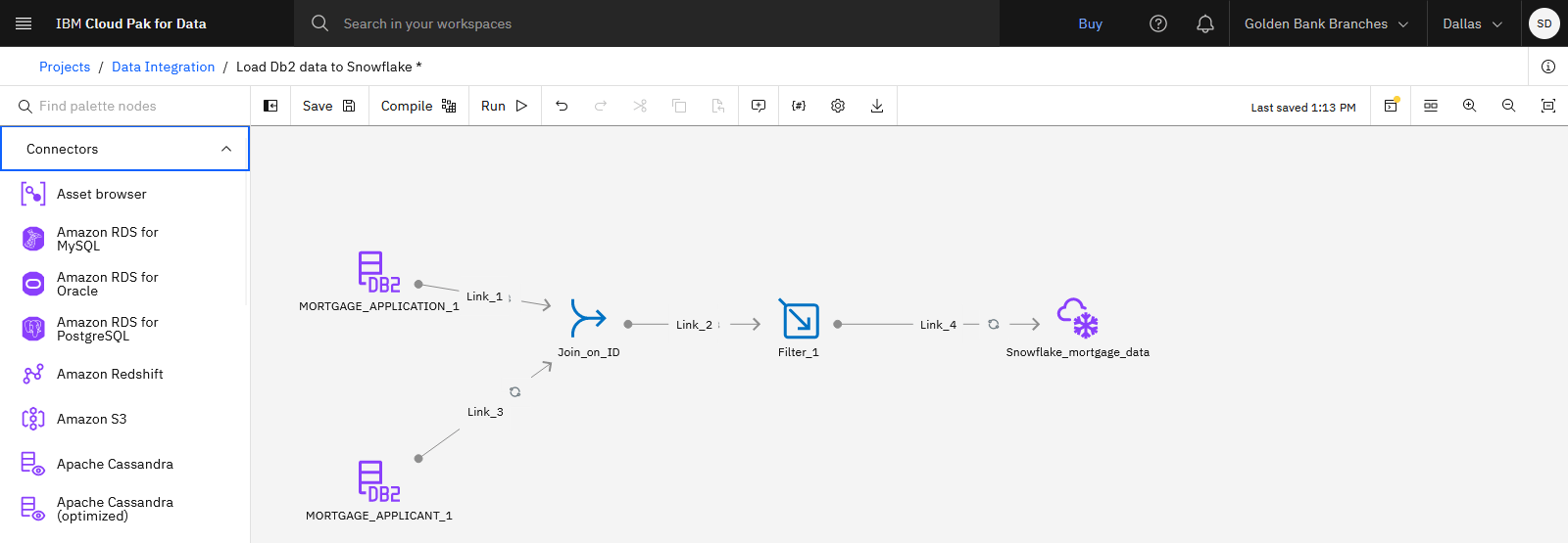 
The following image shows the completed DataStage flow.
