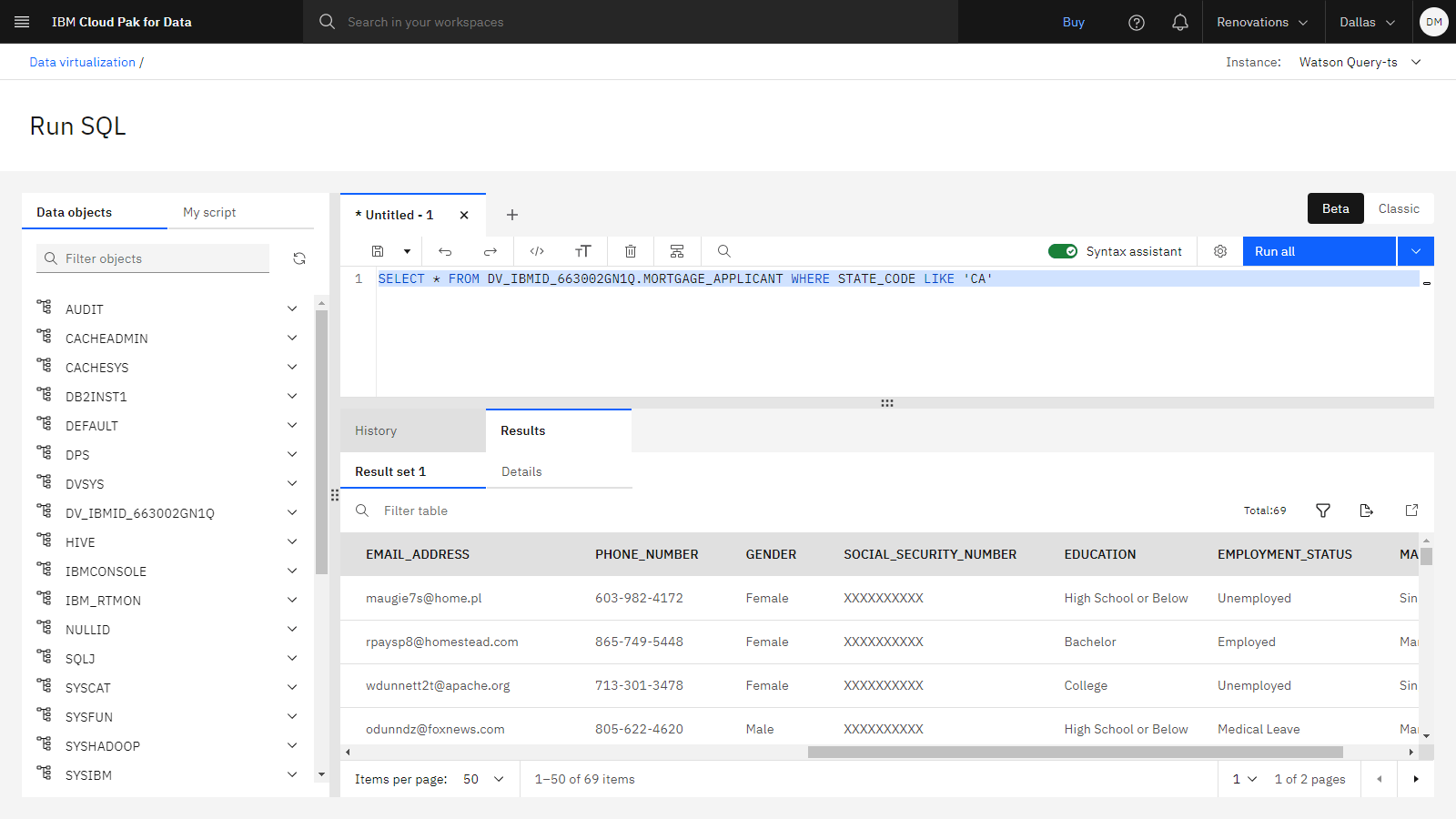 SQL query results