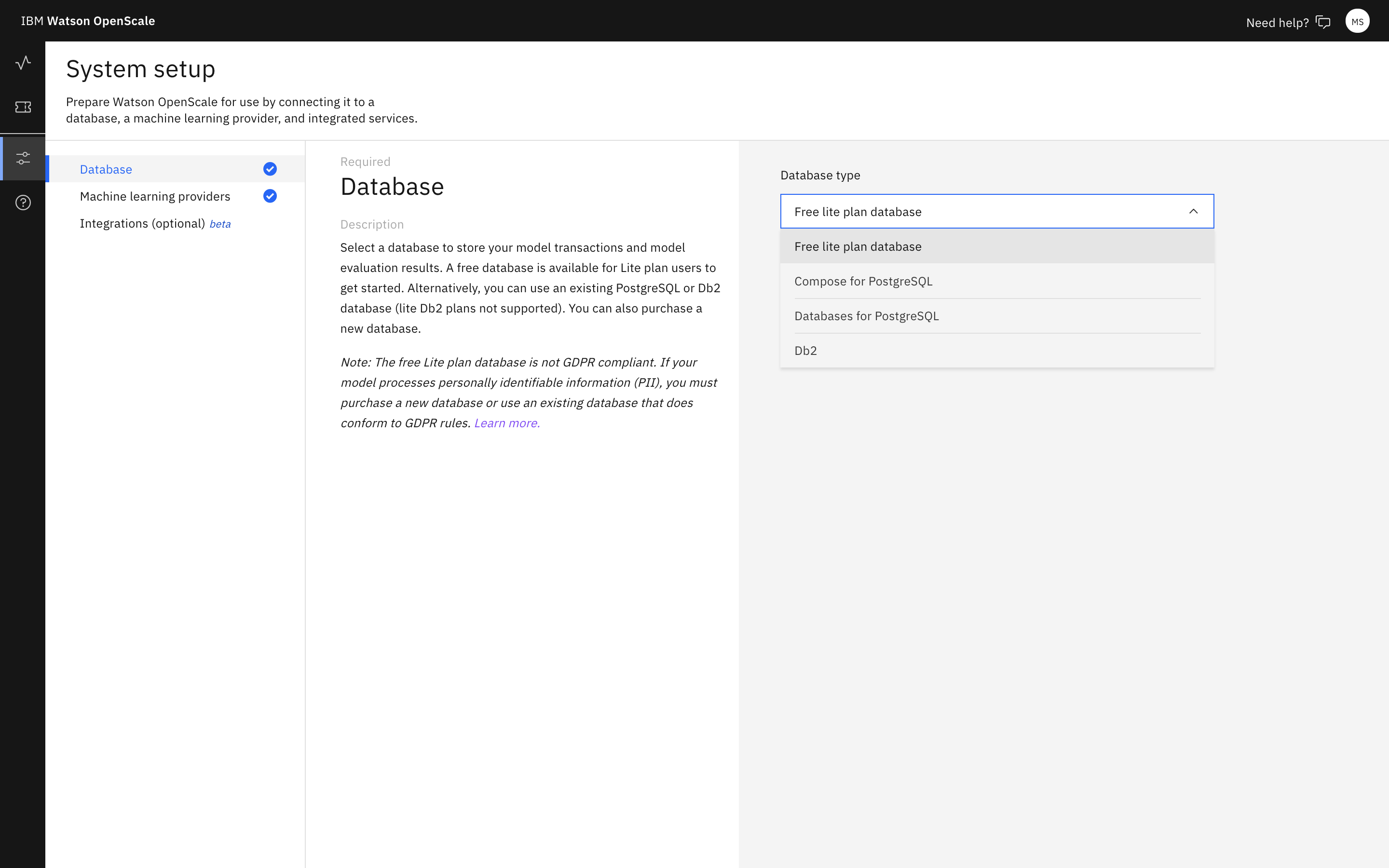 Select your database screen displays with fields for you to enter database type and database location