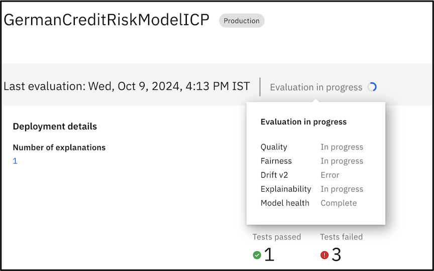 Evaluation progress status indicator displays