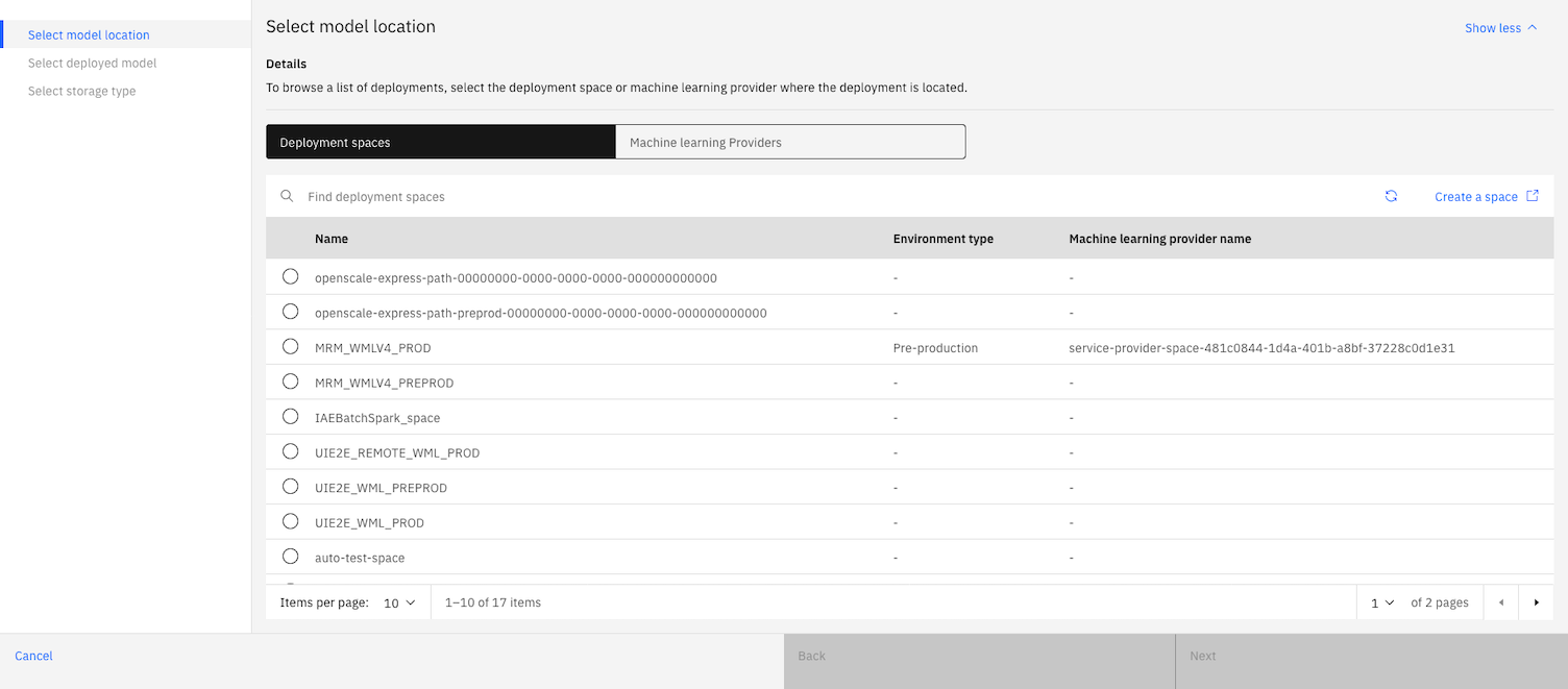 List of deployment spaces and machine learning providers is displayed